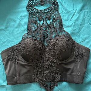 Black Lace High-Neck Bralette with Beaded Detail